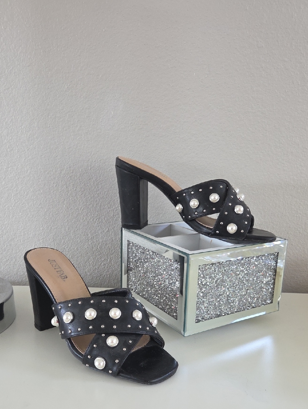 Jette Black Pearl-Studded Block Heel Mules